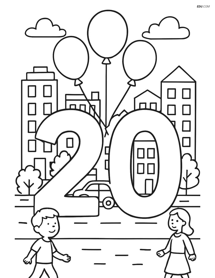 Free Printable Number 20 Coloring Page With Balloons In A Cityscape 