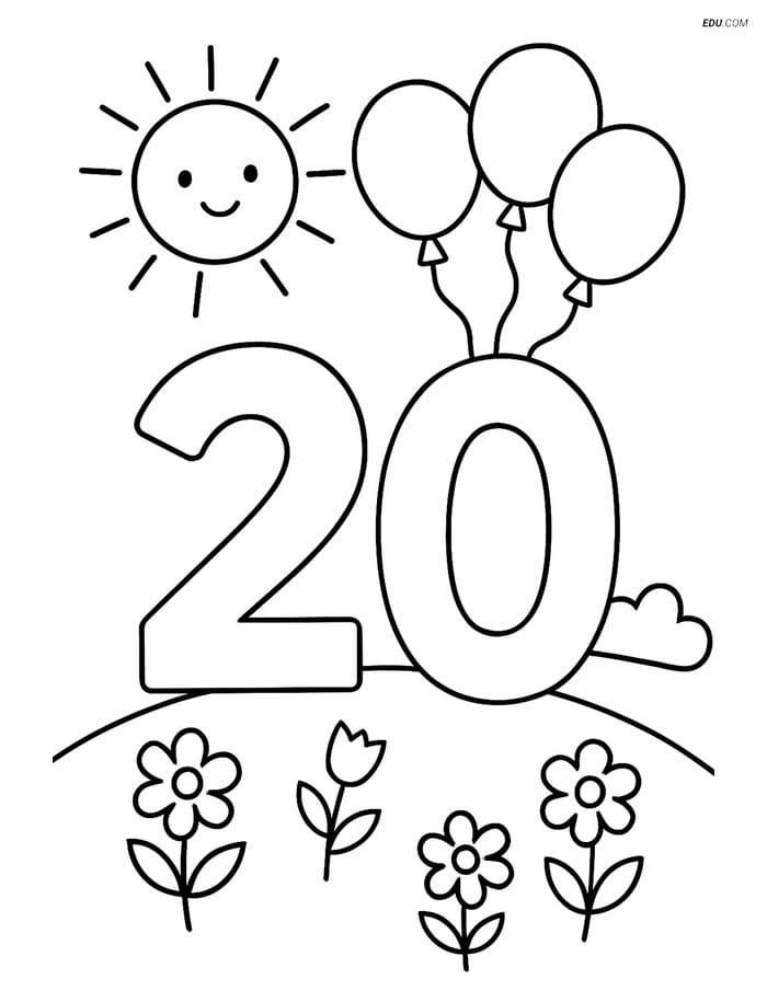 Free Number 20 Coloring Page With Balloons Hill Sun And Flowers 